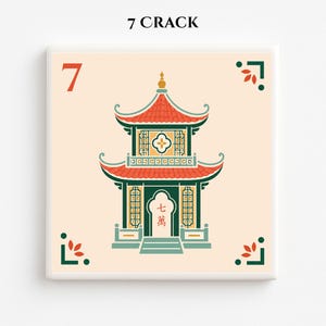 May include: Square tile featuring a pagoda design with a red roof and green accents. The number 7 is in the upper left corner, and the word "CRACK" is at the top. Decorative corner elements complete the design.