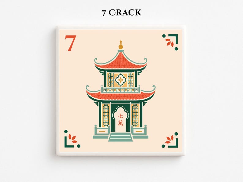 May include: Square tile featuring a pagoda design with a red roof and green accents. The number 7 is in the upper left corner, and the word "CRACK" is at the top. Decorative corner elements complete the design.