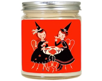 Vintage Halloween Candle with Witches Having Tea Retro Witch Decor Scented Gift