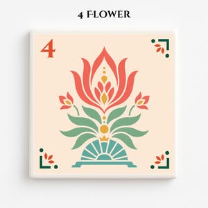 May include: Square tile with a floral design. The tile features a central flower motif in red, yellow, and green, with a turquoise base. The number "4" is in the upper left corner, and the text "4 FLOWER" is at the top. Decorative corner elements complete the design.