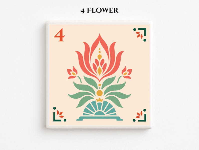 May include: Square tile with a floral design. The tile features a central flower motif in red, yellow, and green, with a turquoise base. The number "4" is in the upper left corner, and the text "4 FLOWER" is at the top. Decorative corner elements complete the design.