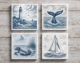 Nautical Toile Coasters (Set of 4): Blue & White Coastal Decor