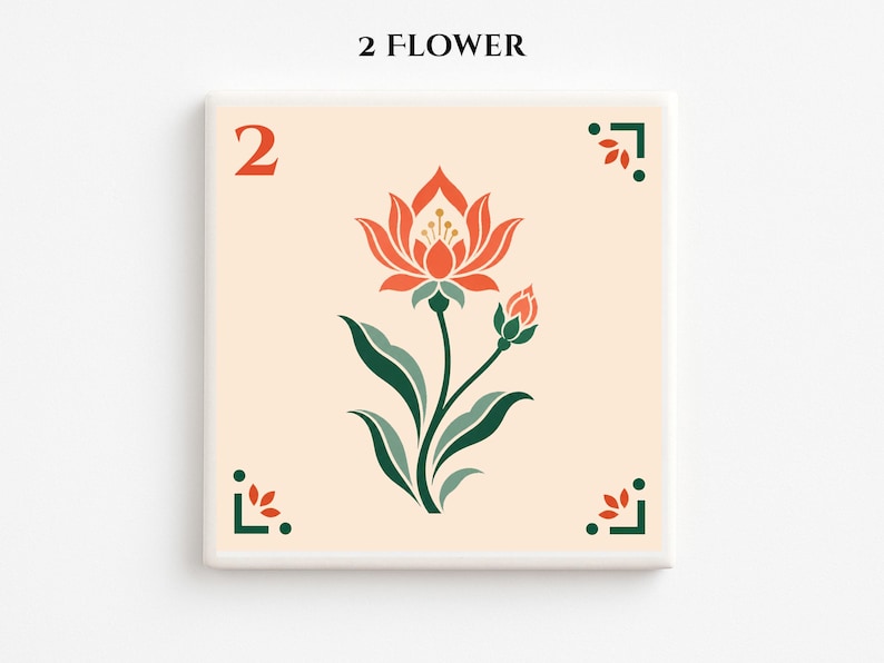 May include: Square ceramic tile with a floral design. The tile features a stylized orange flower with green leaves and a bud on a cream background. The number "2" is in orange at the top left, and the text "2 FLOWER" is at the top. Decorative corner elements are in green and orange.