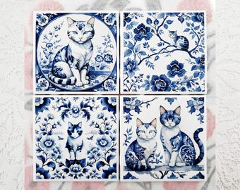 Delft Style Cat Ceramic Coaster Set: Chinoiserie Kitties, Set of 4
