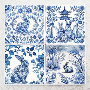 Delft Style Bunny Rabbit Coaster Set: Chinoiserie Ceramic Coasters