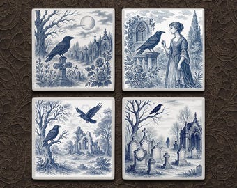 Gothic Raven Coaster Set – Toile Graveyard Ceramic Tiles – Halloween Decor – Witchy Victorian Home Gift
