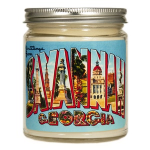 Bougie de savane, cadeau de bougie de Savannah Georgia, bougie personnalisée de carte postale de Savannah vintage du mal du pays