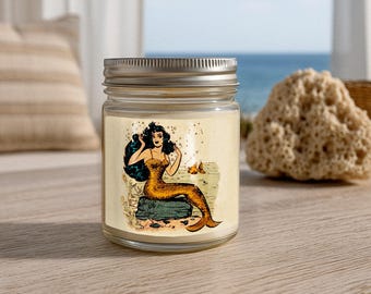 Retro Mermaid Soy Candle: Vintage Pin-Up Coastal Decor