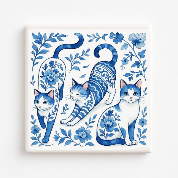 Delft Blue Cat Coaster – Ceramic Tile with Three Cats and Blue Floral Pattern
