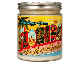Florida Soy Candle, Vintage Postcard Label, Personalized Gift
