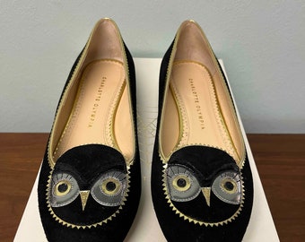 Vintage Charlotte Olympia Black Suede Flat Owl Face Shoes - Made in Italy