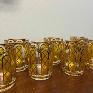 Vintage MCM Gold and Yellow Window Pane Whiskey Rocks Glasses - Set of 8