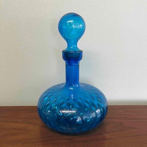 Mid Century Blue Empoli Diamond Cut Optic Decanter with Stopper - Made in Italy