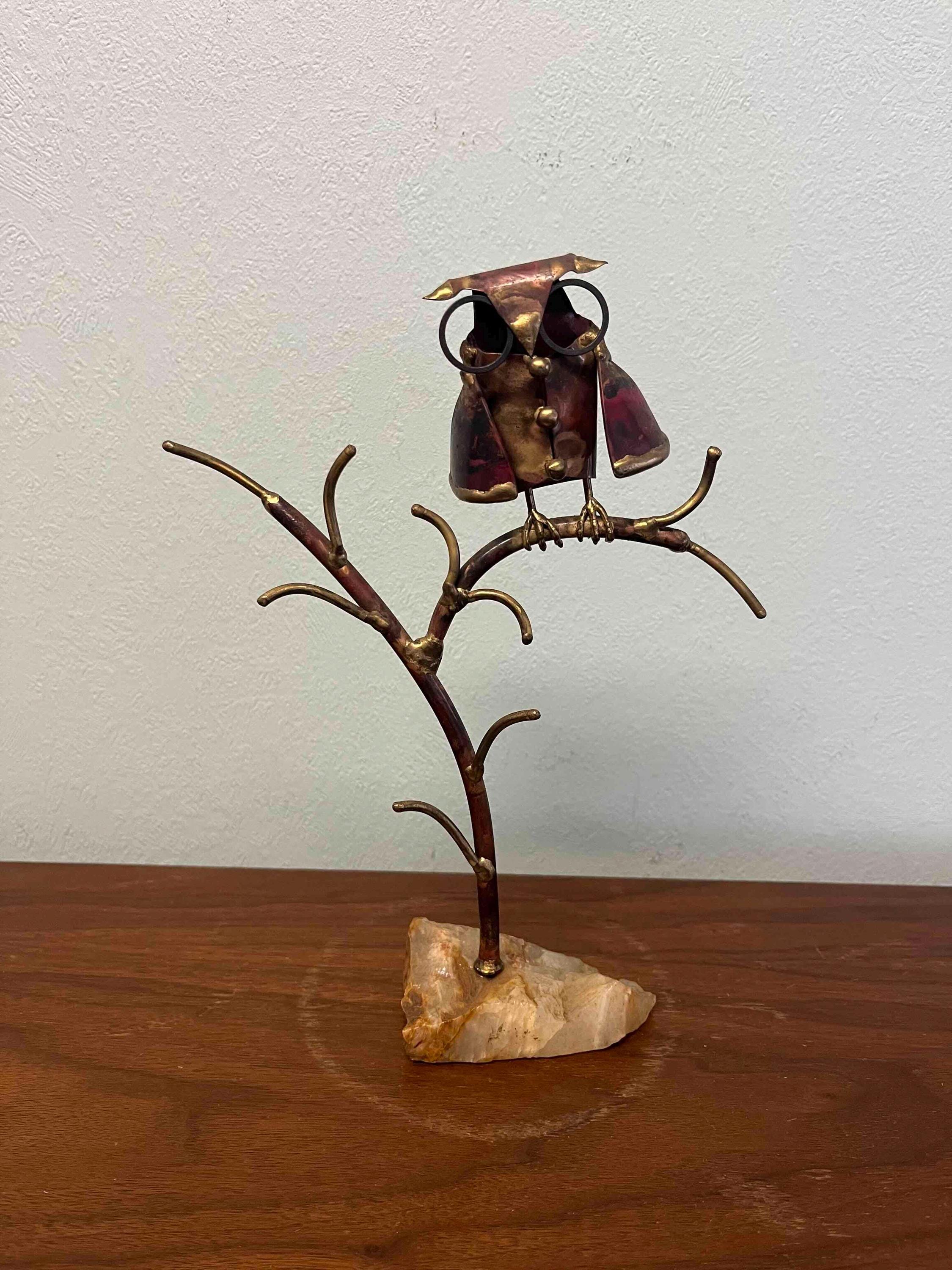 Vintage Brutalist Metal Owl With Eyeglasses Figurine - Signed