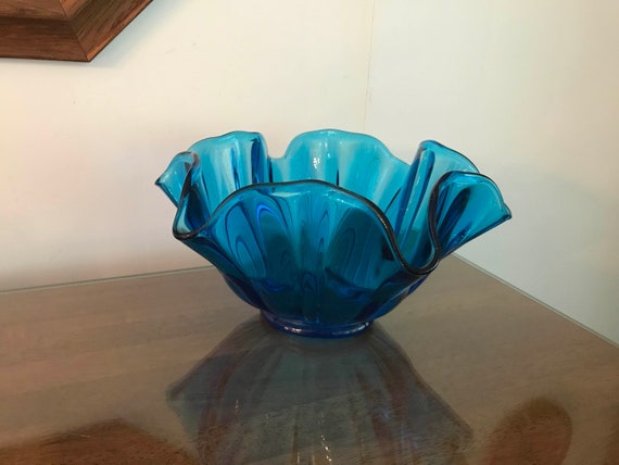 Mid Century Blue Ruffled Glass Bowl - Etsy
