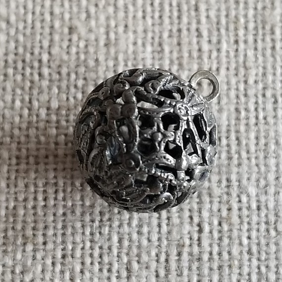 Antique Silver Ball Bauble Charm Ornate Filigree … - image 3