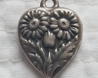 Vintage Sterling Silver Puffy Heart Charm or Pendant SUNFLOWERS or DAISIES