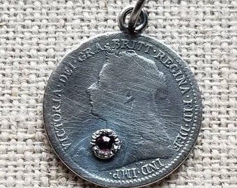 Antique Sterling Silver Victorian Love Token Coin Charm Gem Set 1897 Queen Victoria 3 Pence Amethyst