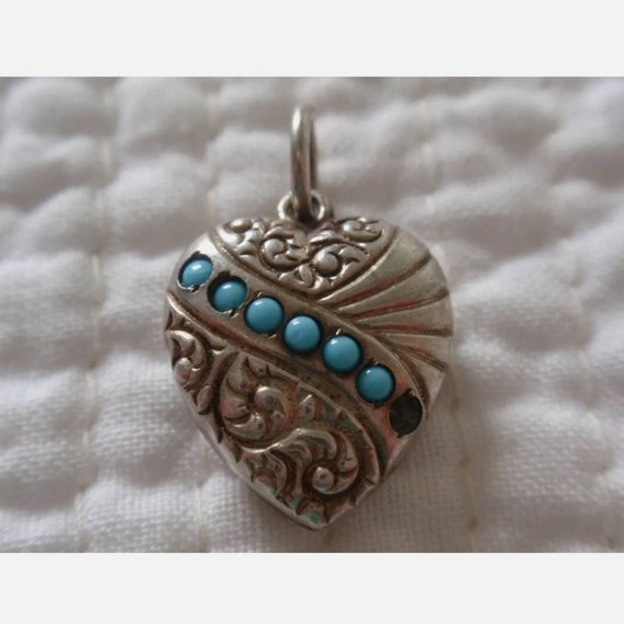 Antique Sterling Silver very tiny Puffy Heart Charm With Turquoise