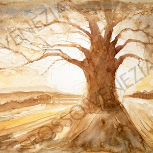 Albero Dipinto Acquerello - Acquerello Originale Italiano - Dipinto color seppia -Regalo amante natura