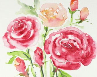 Roses Original Watercolor - Watercolor painting flowers - Watercolor Floral - Roses Artwork for Birthday Woman - Roses Flowers Italian Art