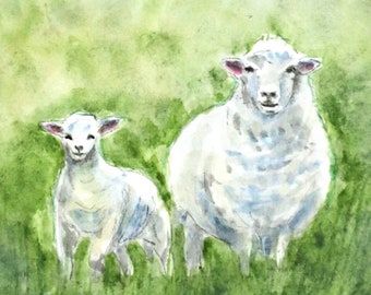 Original Watercolor with Sheep - Unique handmade painting 7" x 5" Sheep - Animal lover gifts - Original Watercolor artwork with animals