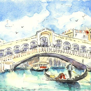 Acquerello Originale di Venezia con Ponte di Rialto e Gondola -Dipinto Venezia -Piccolo acquerello Venezia -Idea per regalo speciale per lui