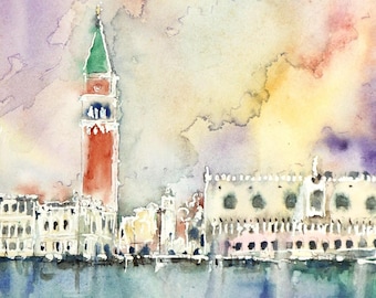 Venice Original Watercolor, Painting Lagoon, Riva degli Schiavoni Doge's Palace San Marco sunset Venice, Italy Artwork