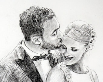 May include: Pencil sketch of a couple on their wedding day. The groom, in a tuxedo with a bow tie, kisses the bride's forehead. The bride wears a white dress and has her hair styled up.