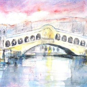 Acquerello Originale con Venezia - Acquerello con Ponte di Rialto -  Regalo d'Arte Venezia - Dipinto Ponte Rialto di Venezia