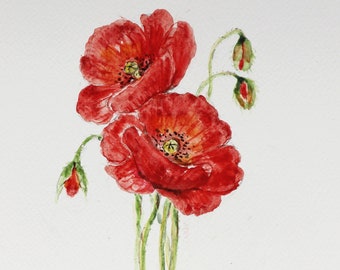 Original Watercolor Poppies - Original Watercolor flowers - Art watercolor original Italian Gifts Art - Mom gift - Wall art gift OOAK
