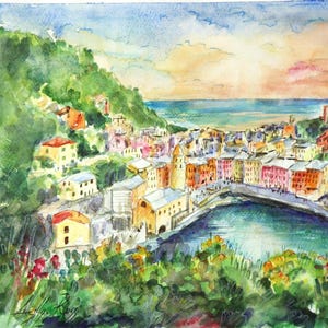 Acquerello Originale Cinque Terre - Acquerello Originale con Vernazza - Acquerello Originale Liguria - Dipinto città italiana ad acquerello