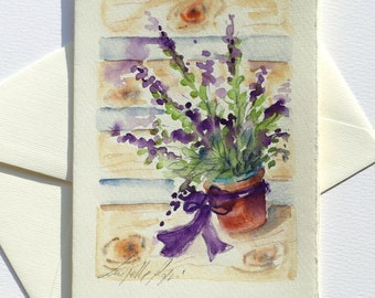 Acquerello Originale con Lavanda / Biglietto Auguri dipinto a mano / Biglietto compleanno con fiori / Piccolo Acquerello fiori di lavanda