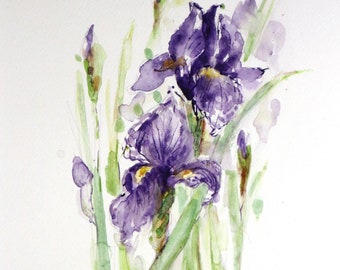 Acquerello Originale con Iris viola - Acquerello fiori dipinto a mano Idea regalo - Dipinto Originale Iris Acquarello - Regali d'Arte unici