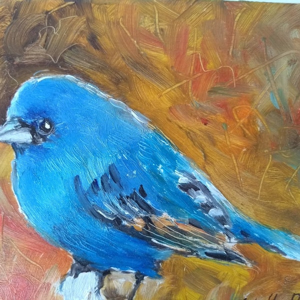 Blue Bird painting - Bird Oil Painting Original - Small painted Art original - Small Modern Gift with Bird - Colorful and Bright Artwork