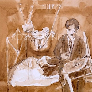 Charlie Chaplin Il Monello Acquerello Originale - Arte Chaplin - Dipinto per Regalo Natale Compleanno Regalo per Uomo Donna