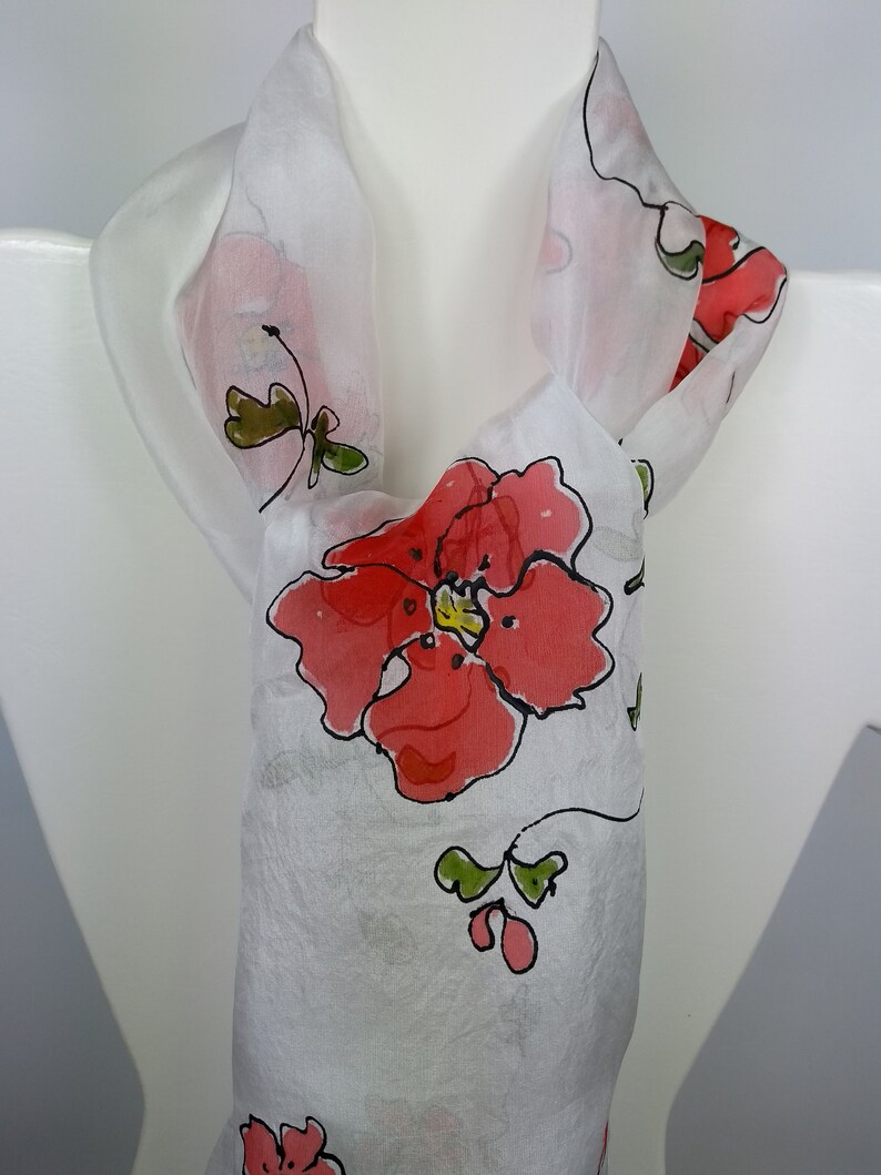 Red Flowers Poppies Gift for her friend Teacher/'s mother/'s..gift Scarf with poppies Rossovenezia Hand Painted Silk Scarf