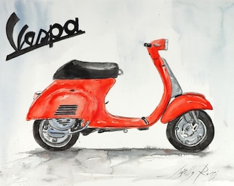 Italy Vespa Piaggio Original Watercolor Painting of Red Vespa