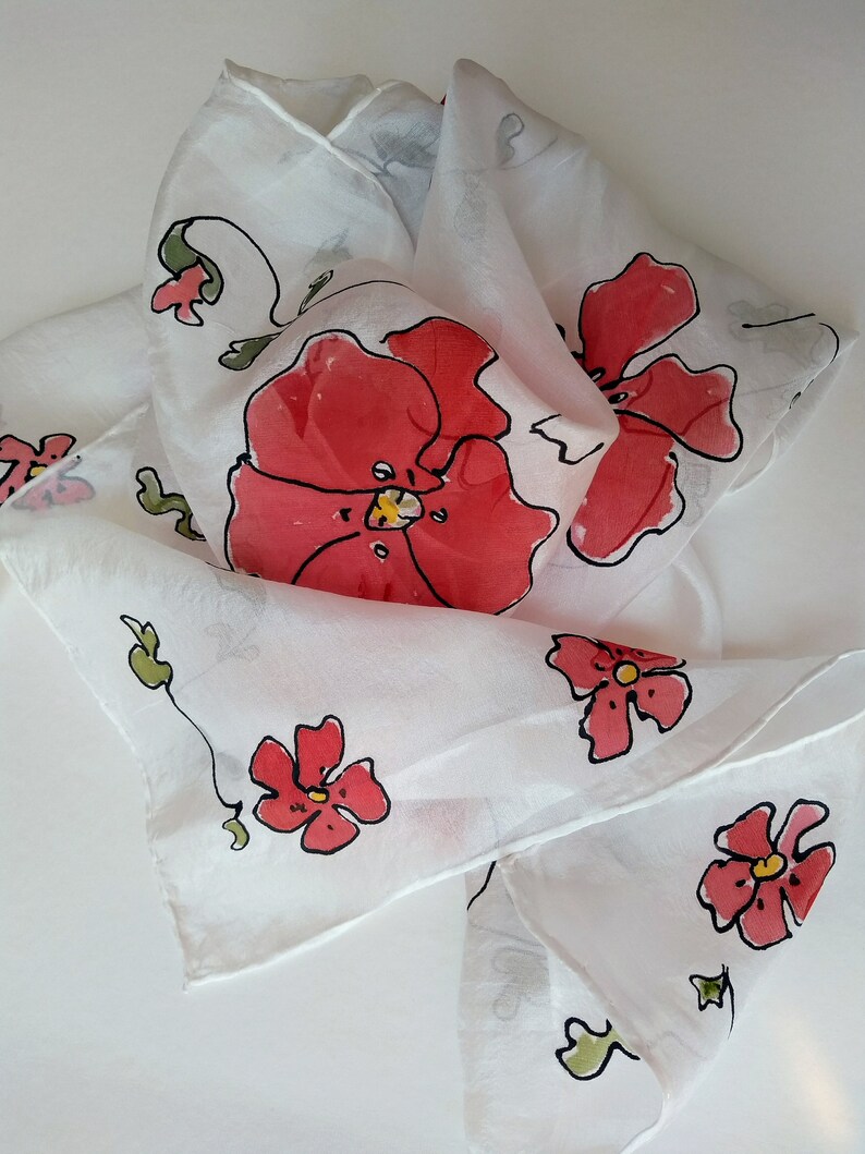 Red Flowers Poppies Gift for her friend Teacher/'s mother/'s..gift Scarf with poppies Rossovenezia Hand Painted Silk Scarf