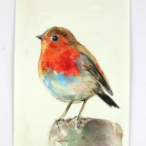 Original Watercolor with Robin - Watercolor Hand Painted Bird - Painting with Robin Bird - Small Bird Painting - Bird Gift Italian Artwork