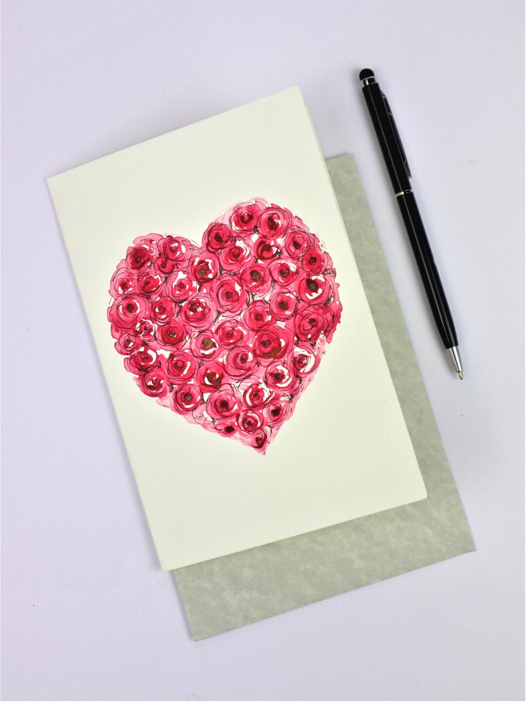 Original Watercolor Greeting Card With Heart and Red Roses, Hand ...