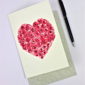 Biglietto Auguri acquerello originale - Biglietto Auguri con cuore e rose rosse - Biglietto auguri dipinto a mano - Biglietto auguri maestra