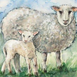 Acquerello Originale con Pecore - Pecore Dipinto unico fatto a mano - Acquerello Pecora e agnellino su prato -Acquerello animali di campagna