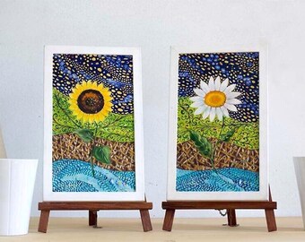 Original Oil Painting on Wooden Board - Sunflower and White Daisy Set, Modern and Lively Painting, Floral Wall Art