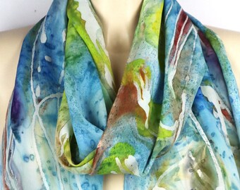 Hand-painted Silk Scarf - Fine Silk scarf green heavenly blue -Elegant hand-painted luxury scarf -Mom Wife gift - Anniversary Gift for Women