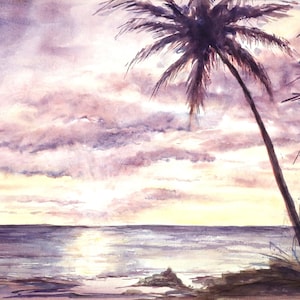 Acquerello Tramonto sul mare - Acquerello originale con mare al tramono - Acquerello mare tropicale - Grande dipinto con tramonto sul mare