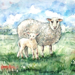 Original Watercolor Sheep and Lamb on a Meadow, Unique Handmade Painting of Farm Animals, Italy artwork