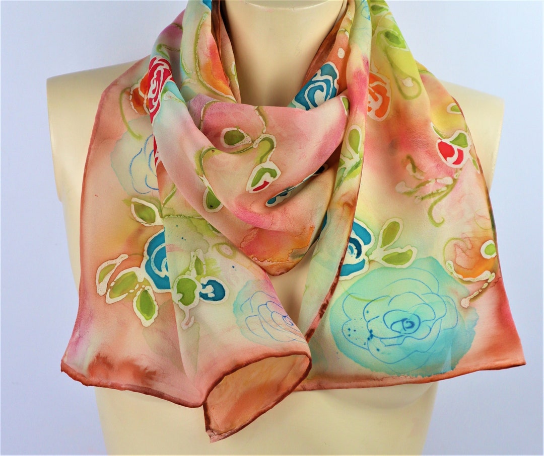 Sciarpa di seta dipinta a mano Floreale Sciarpa seta con rose
