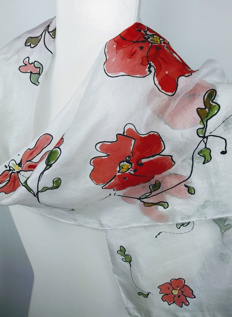 Red Flowers Poppies Gift for her friend Teacher/'s mother/'s..gift Scarf with poppies Rossovenezia Hand Painted Silk Scarf