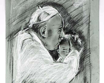 Pope Francis Charcoal Portrait, Original Hand-Drawn Artwork  Italy